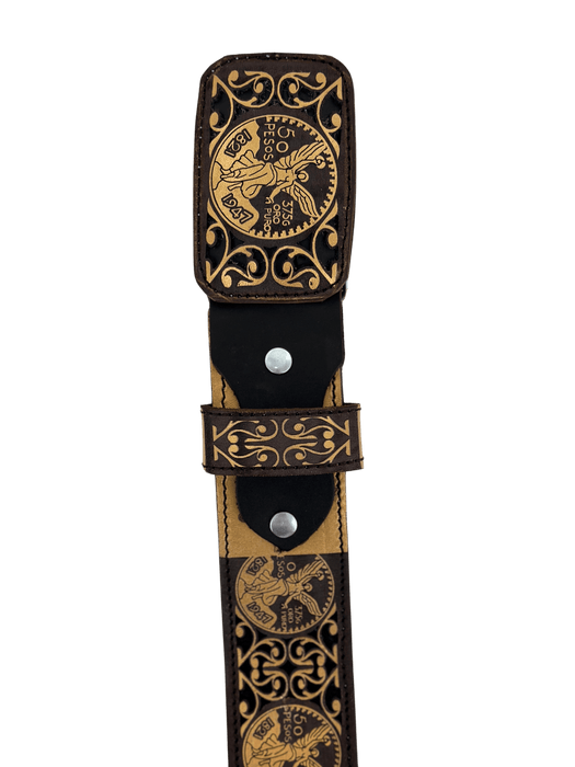 Brown and Gold "El Centenario" Chiseled Charro Leather Belt