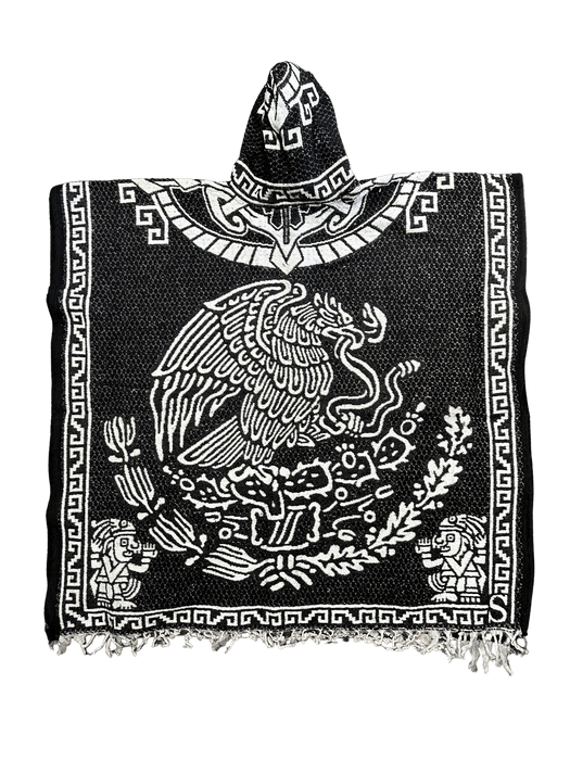Black and White "Escudo de Mexico" with Warrior Carrying Sleeping Woman Poncho/Gaban with Hoodie / Gorro