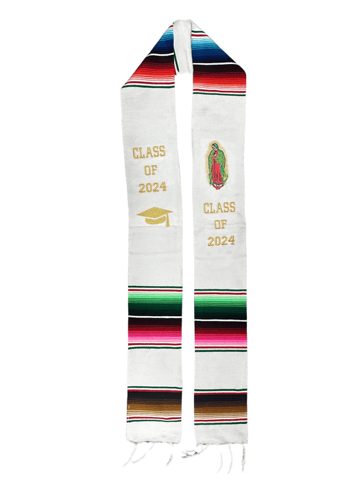 "Class of 2024” White "Virgen de Guadalupe" Multicolor Sarape Graduation Stole