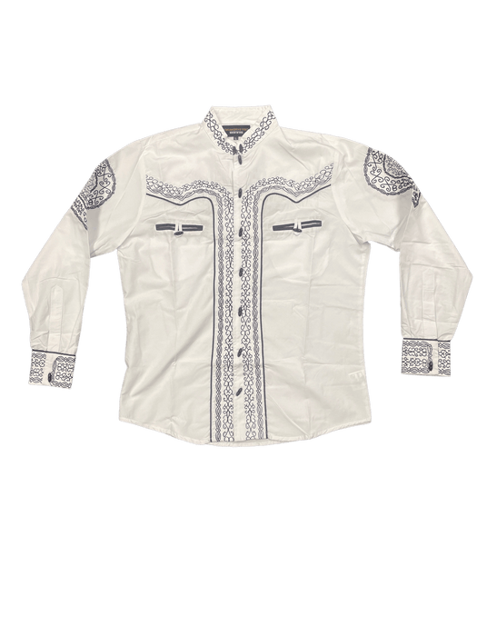 White with Black Embroidered Intricate Design Charro Shirt