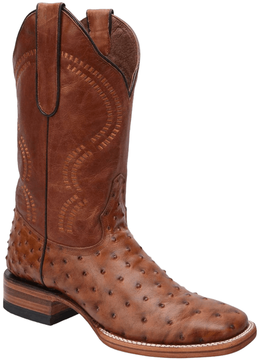 Cognac Square Toe Ostrich / Avestruz Print Leather Boot