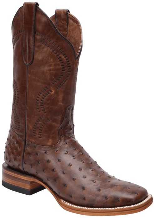 Brown Square Toe Ostrich / Avestruz Print Leather Boot