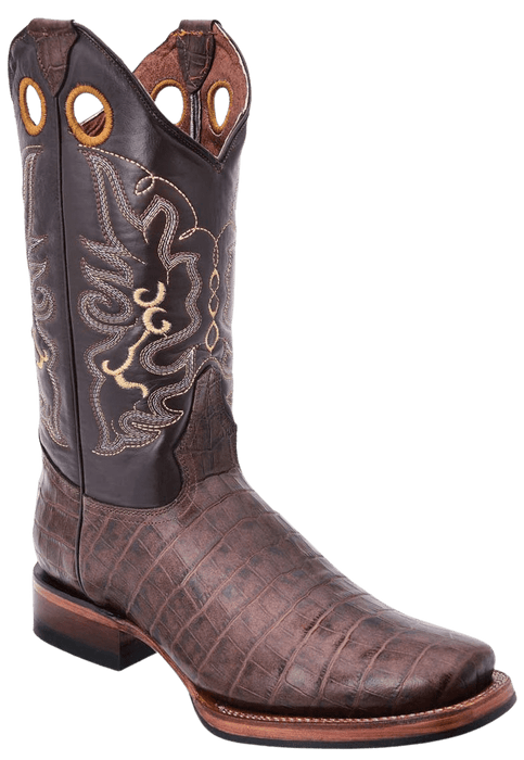 Brown Square Toe Crocodile / Caiman Belly Print Leather Boot
