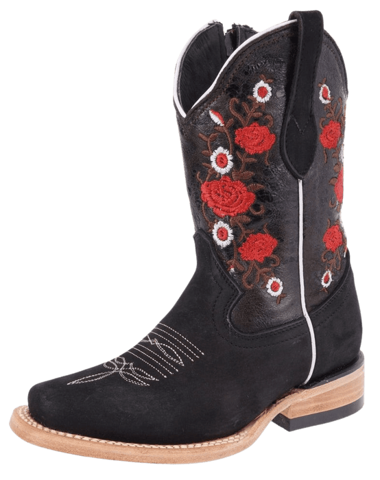 Girls' Red Rose Nobuck Black Square Toe Boot