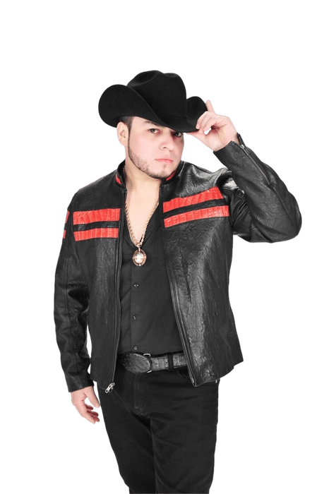 Black with Red Crocodile Leather Jacket