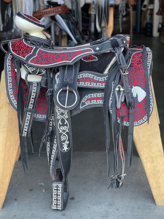 Black with Red and White Silk Thread Horses Cantina 15.5 Horse Saddle