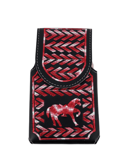 Black and Red Dancing Horse Silk Thread Leather Phone Case