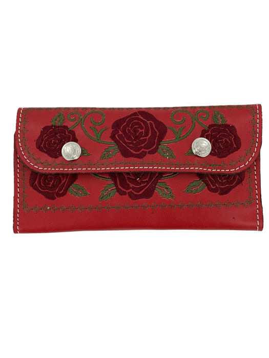 Red with Burgundy Roses Embroidery Leather Wallet