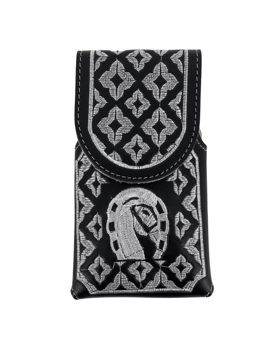 Black and Plata Horse Head in Horse Shoe Silk Thread Leather Phone Case