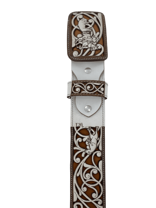 Suerte Charra Design Brown and Light Brown with White Chiseled Charro Leather Belt