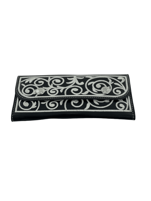 Black with White Embroidery Leather Wallet