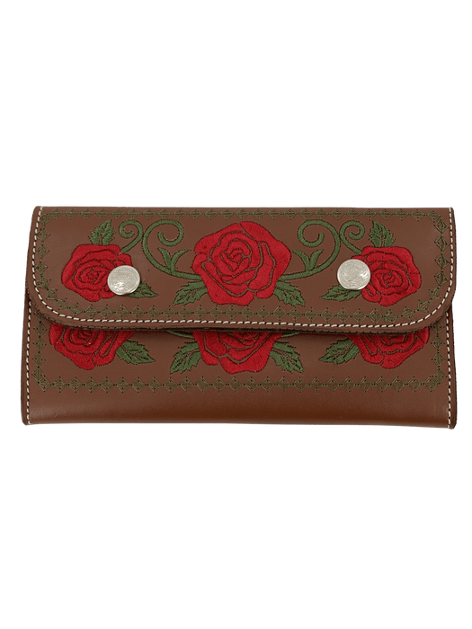 Brown with Red Roses Embroidery Leather Wallet