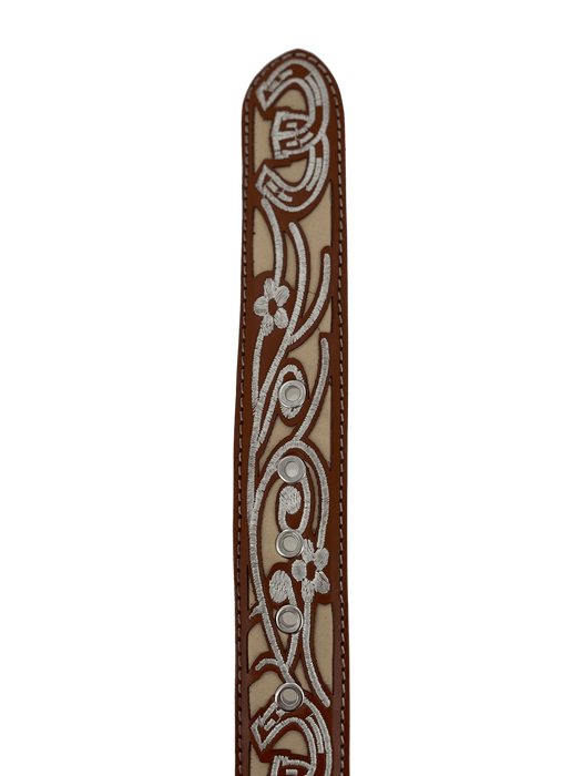 Women’s Tan and Beige Horseshoe with Flowers Silk Thread Leather Belt