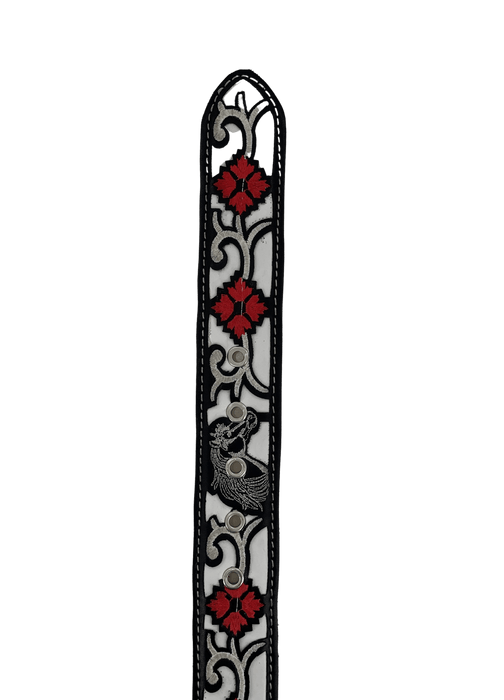 Women’s Black and White Horses with Red Flowers Silk Thread Leather Belt