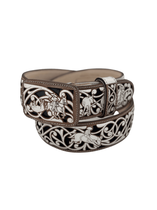 Suerte Charra Design Brown and Black with White Chiseled Charro Leather Belt