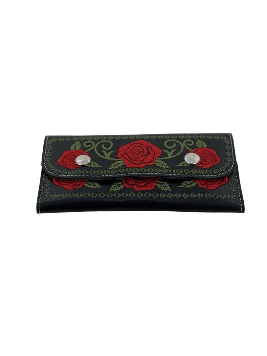 Black and Green with Red Roses Embroidery Leather Wallet