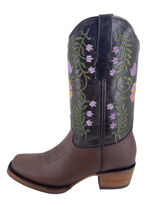 Women's Brown Square Toe Lavender Flowers with Green Stems Rodeo Boot