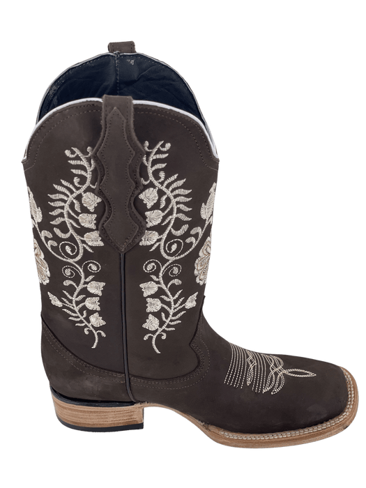 Women’s Brown Nobuck with Natural Flowers Square Toe Rodeo Boot