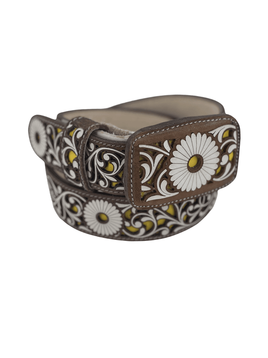 Women’s Brown with Yellow and White Sunflower Embroidery Chiseled Leather Belt