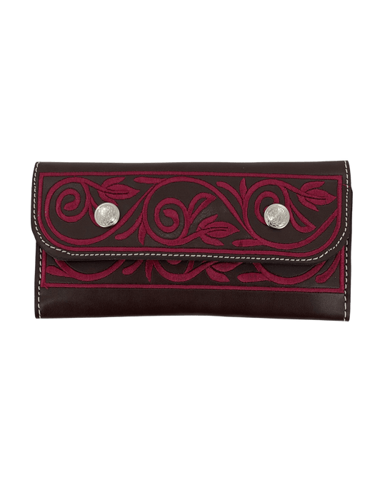 Brown with Burgundy Embroidery Leather Wallet