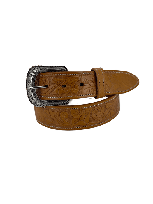 Tan Stamped Flowers Leather Belt