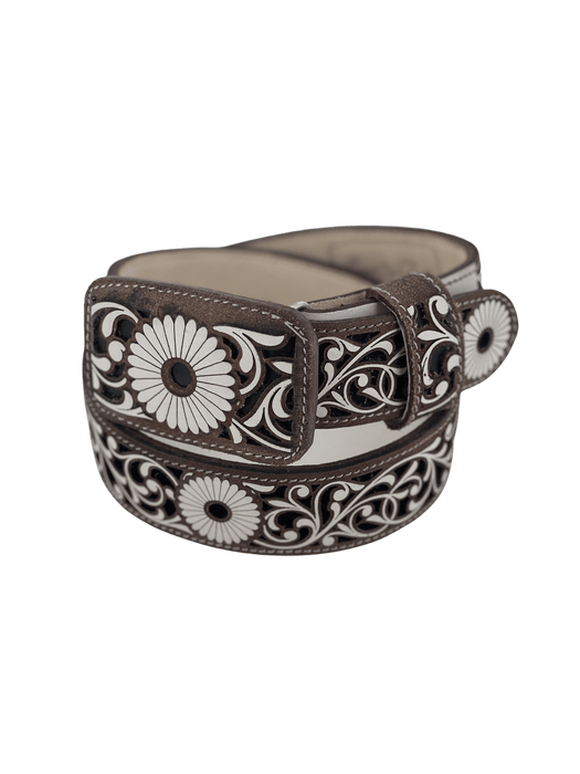 Women’s Brown with Black and White Sunflower Embroidery Chiseled Leather Belt