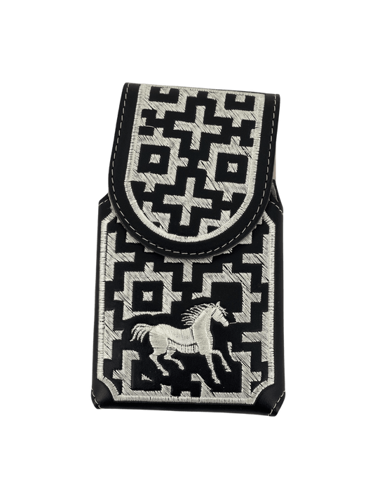 Black and White Dancing Horse V3 Silk Thread Leather Phone Case