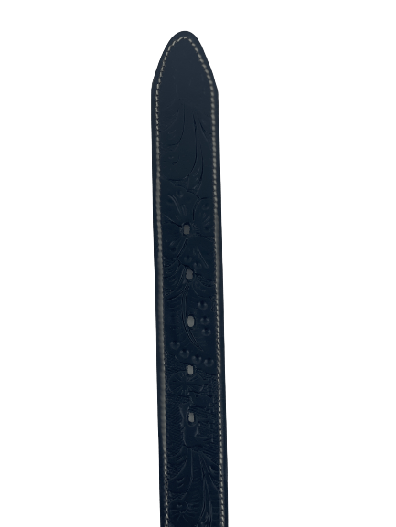 Black Stamped Flowers Leather Belt