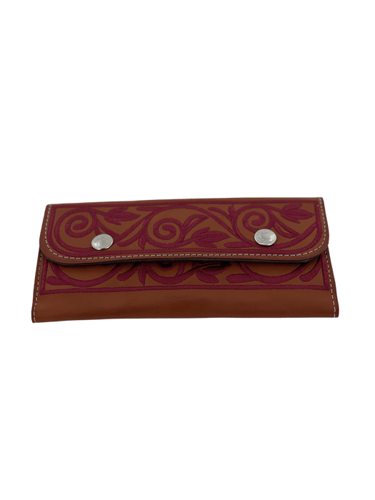 Light Brown with Burgundy Embroidery Leather Wallet