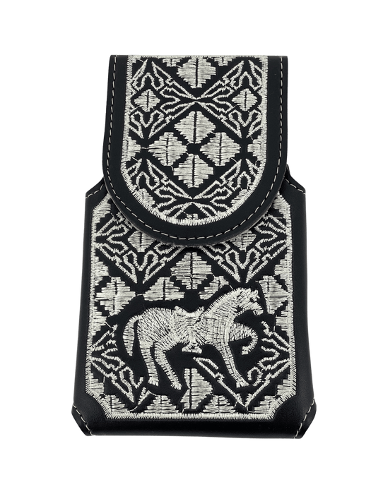 Black and White Dancing Horse V2 Silk Thread Leather Phone Case