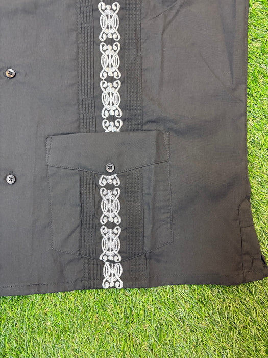 Black with White Retro Tone Collared Guayabera Shirt