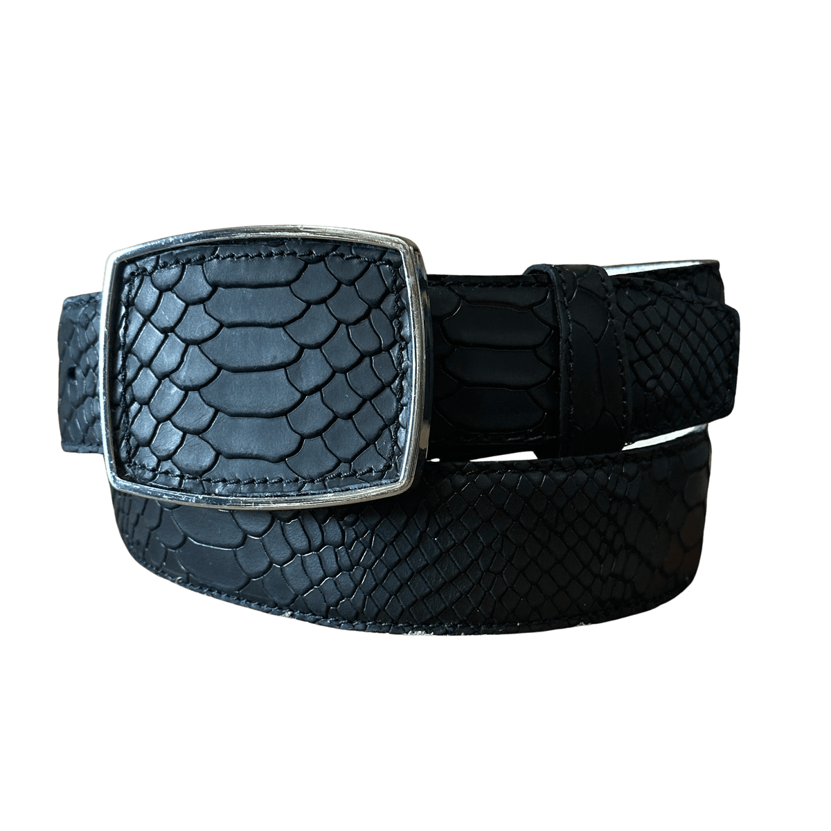 Black Full Python Print Ovaled Square Buckle Leather Western Belt