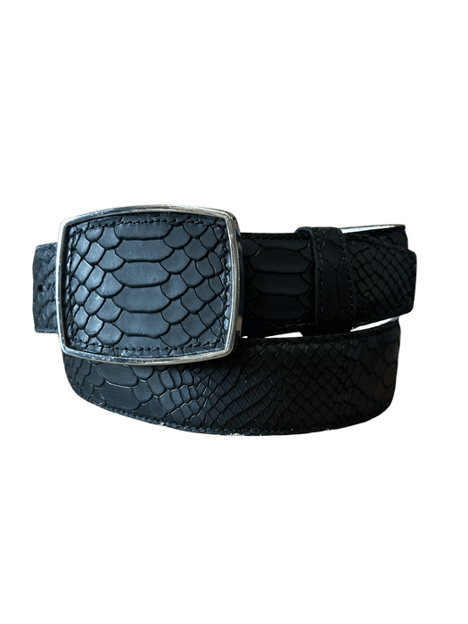 Black Full Python Print Ovaled Square Buckle Leather Western Belt