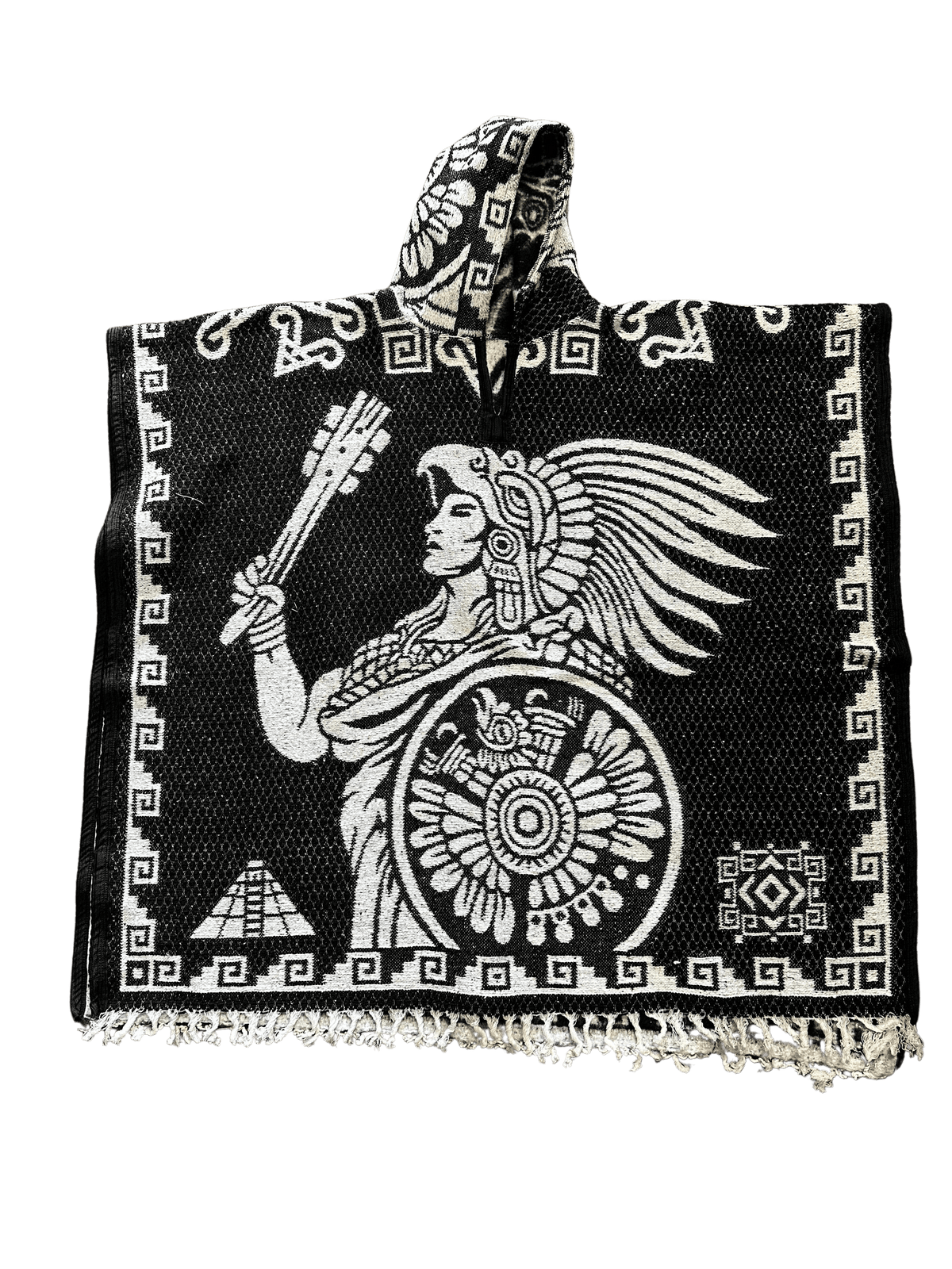 Black and White Aztec Calendar with Warrior Poncho/Gaban with Hoodie ...