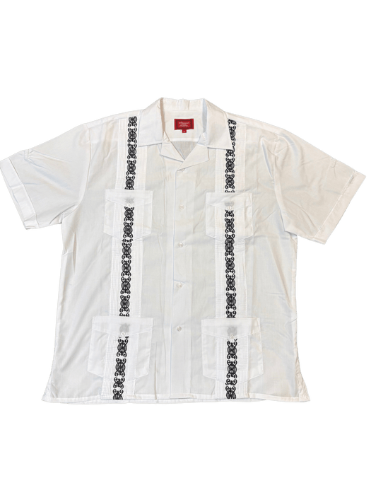 White with Black Retro Tone Collared Guayabera Shirt