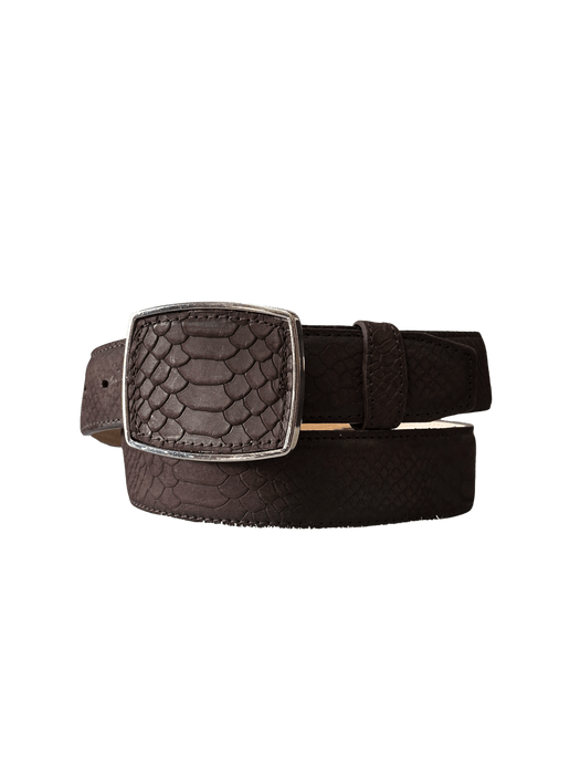 Brown Full Python Print Ovaled Square Buckle Leather Western Belt