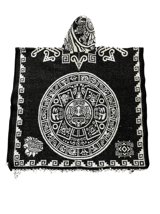 Reversible Mexican Poncho With Hood - Aztec Calendar Design Unisex Blanket Hoodie
