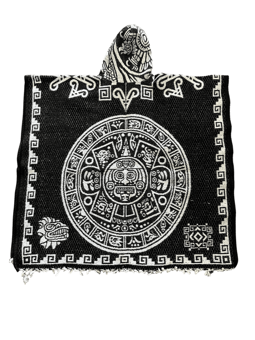 Black and White Aztec Calendar with Warrior Poncho/Gaban with Hoodie / Gorro