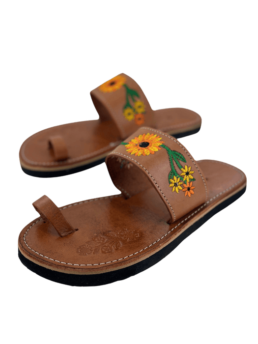 Leather Sandal - Nuez Single Strap with Sunflower