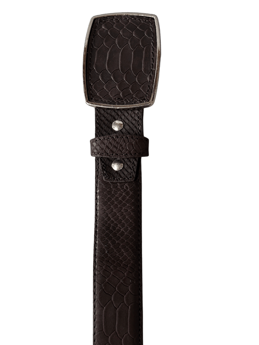 Brown Full Python Print Ovaled Square Buckle Leather Western Belt