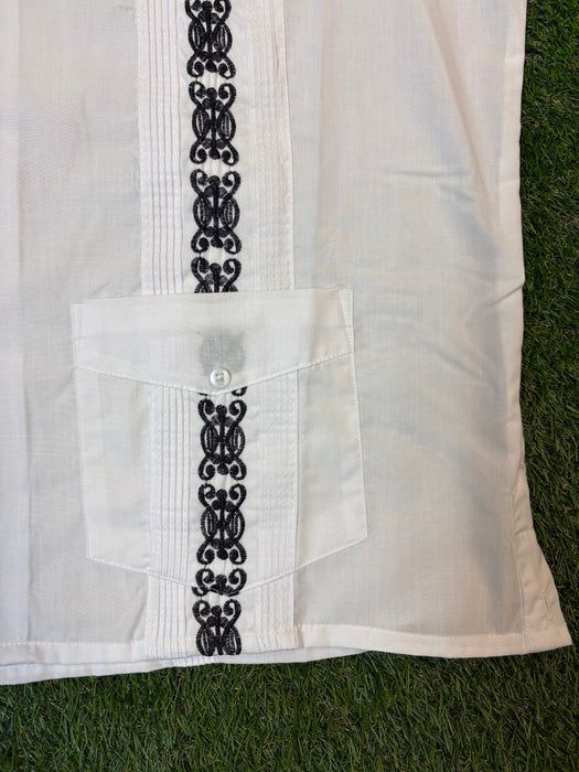 White with Black Retro Tone Collared Guayabera Shirt