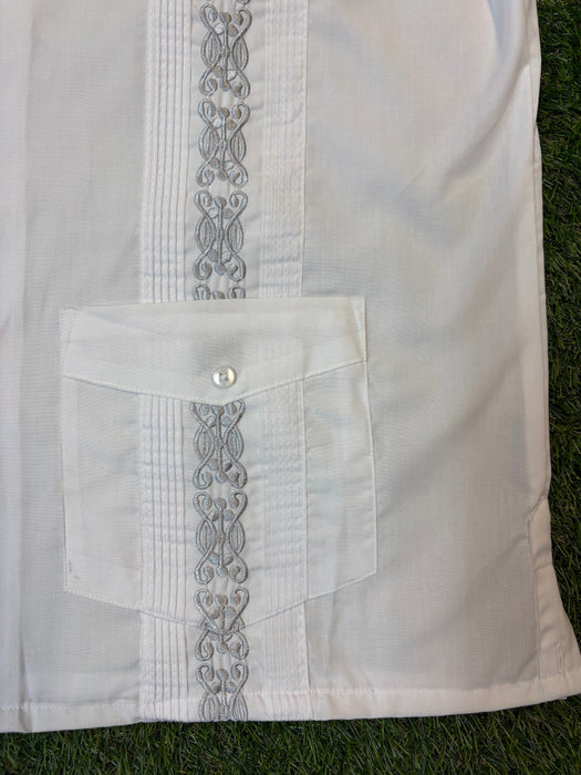 White with Light Grey Retro Tone Collared Guayabera Shirt