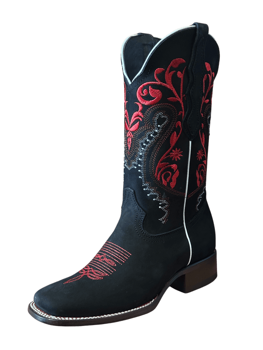 Women's Norma Black Nobuck with Bright Red Stems Leather Square Toe Rodeo Boot