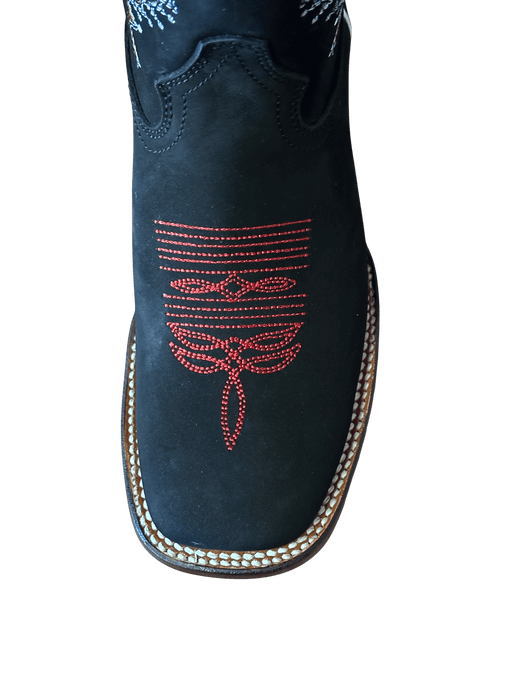 Women's Norma Black Nobuck with Bright Red Stems Leather Square Toe Rodeo Boot