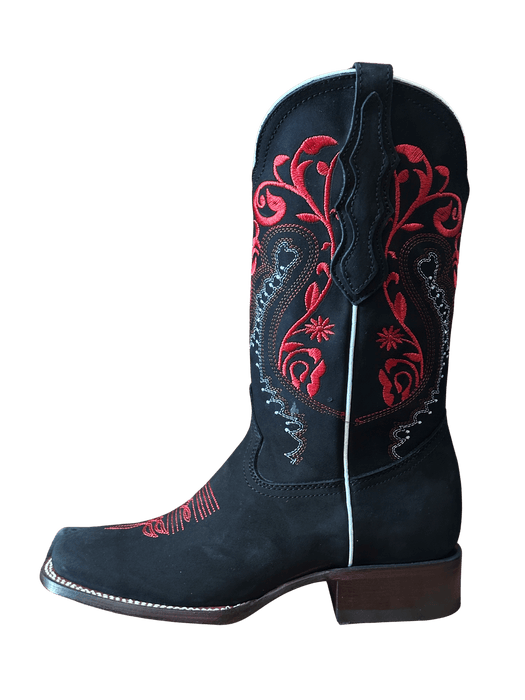 Women's Norma Black Nobuck with Bright Red Stems Leather Square Toe Rodeo Boot