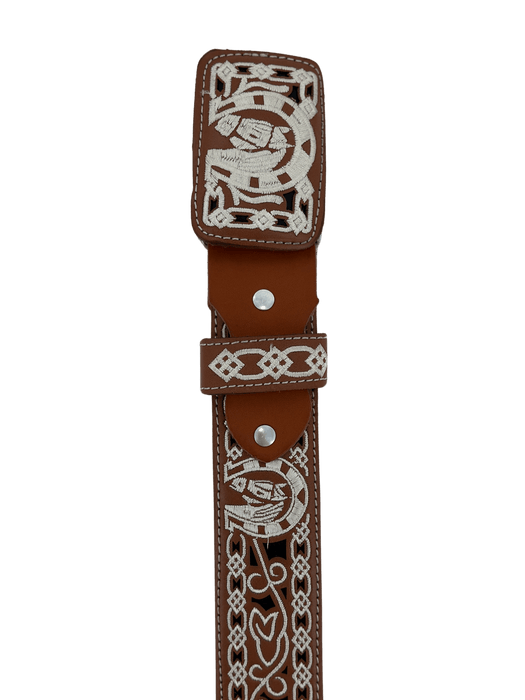 Chedron and Black with White Horse Head in Horseshoe Silk Thread Charro Leather Belt