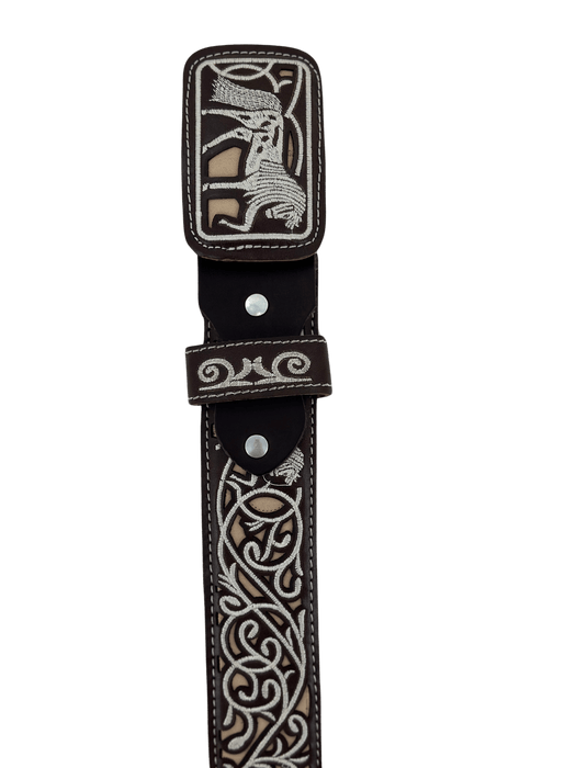 Brown with Light Brown and White  Dancing Horse with White Silk Thread Charro Leather Belt