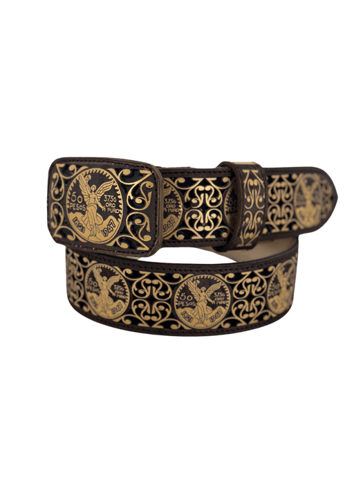 Brown and Gold "El Centenario" Chiseled Charro Leather Belt