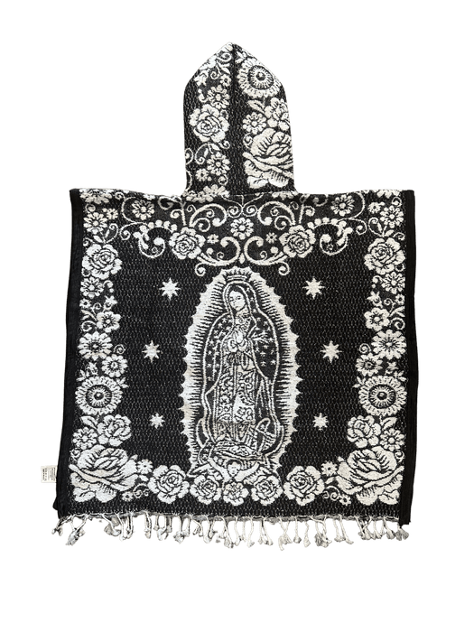 Youth Black and White Virgen de Guadalupe Poncho/Gaban with Hoodie / Gorro