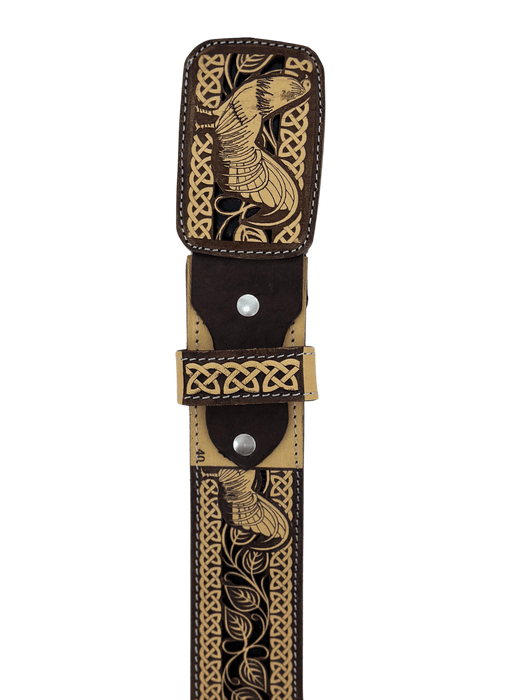 Brown & Gold Standing Rooster Chiseled Charro Leather Belt V2